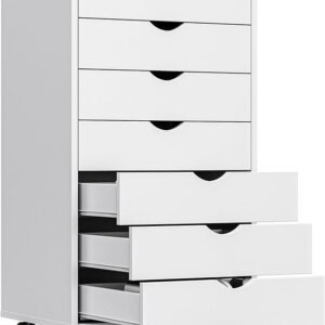 OLIXIS 7 Drawer Mobile File Cabinet Under Desk Storage Organization with Wheels Vertical Filing Chest Rolling Wood Small Desk Printer Stand for Home Office, 15.75″D x 18.74″W x 34.25″H, White