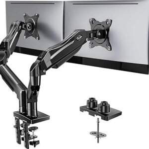 HUANUO FlowLift Dual Monitor Stand, Fully Adjustable Gaming Monitor Desk Mount for 13–32″ Computer Screens, Full Motion VESA 75×75/100×100 with C-Clamp & Grommet Base, Each Arm Holds 4.4 to 19.8 lbs