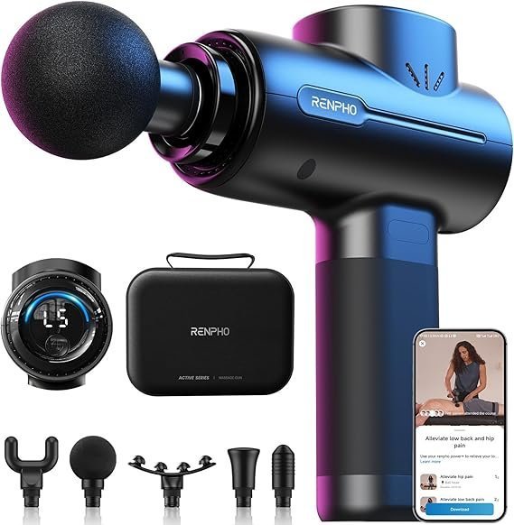 RENPHO Active+ Percussion Massage Gun, Mothers Day Gifts, 5 Adjustable Speeds for Back, Neck, Muscle Recovery – App Controlled Guided Courses, with Carry Case for Professional Athlete, Gym and Travel