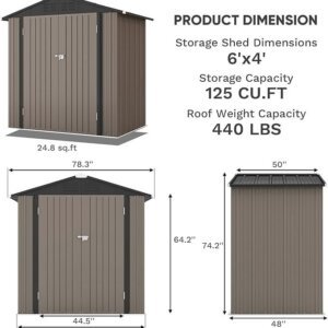 Patiowell 6×4 FT Outdoor Storage Shed, Garden Tool Storage Shed with Sloping Roof and Double Lockable Door, Outdoor Shed for Garden Backyard Patio Lawn, Brown