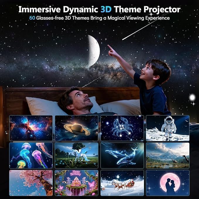 Rossetta 3D Projector, 60 Themes HD 3D Galaxy Projector with Bluetooth Speaker & Remote, 1H/2H Timer, Night Light for Bedroom, Home Decor, Party, Birthday & Christmas Gifts for Adults, Girls, Boys