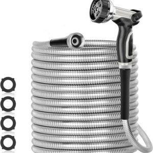 SPECILITE 200ft 304 Stainless Steel Garden Hose Metal, Heavy Duty Water Pipe with Nozzles for Yard, Outdoor – Flexible, Never Kink & Tangle, Puncture Resistant (Sliver)