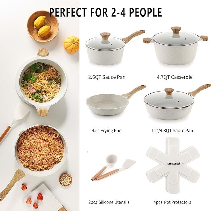 SENSARTE Nonstick Ceramic Cookware Set, 13-Piece Non-toxic Pots and Pans Set, Healthy Kitchen Cooking Set with Stay-Cool Handles, Silicone Tools and Pot Protectors, PFAS Free
