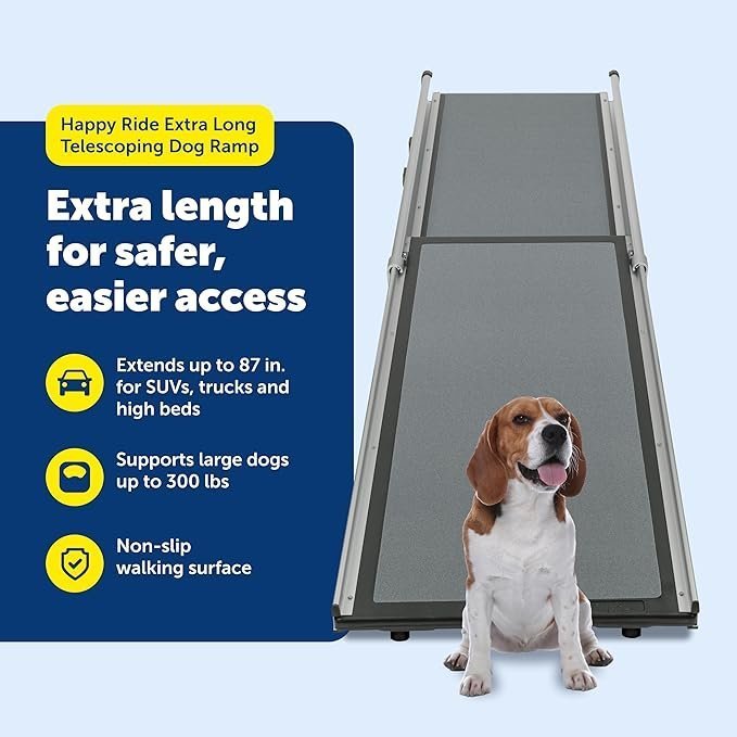 PetSafe Happy Ride Compact Telescoping Dog Ramp – Portable Pet Ramp for Cars, Trucks & SUVs with Adjustable Sizing – Non-Slip Design – Lightweight Pet Mobility Assistance – Extra Long