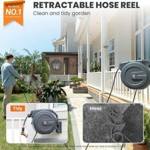 Giraffe Tools Retractable Garden Hose Reel 1/2 Inch x 130 ft, Super Heavy Duty, Any Length Lock, Slow Return System, Wall Mounted and 180 Deg Swivel Bracket