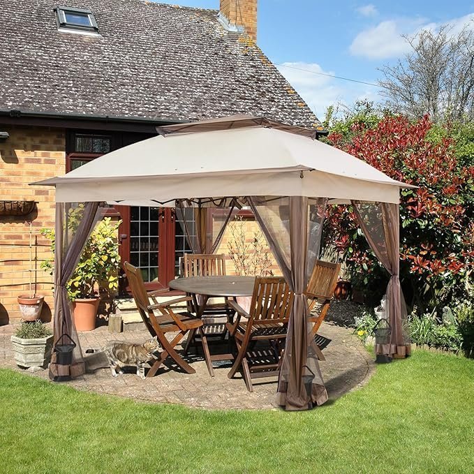 COOS BAY 11×11 Pop Up Gazebo with Mesh Netting, Instant Outdoor Canopy Tent, Water Resistant Shelter with UPF 50+ UV Protection, 121 Sq Ft Coverage, Beige