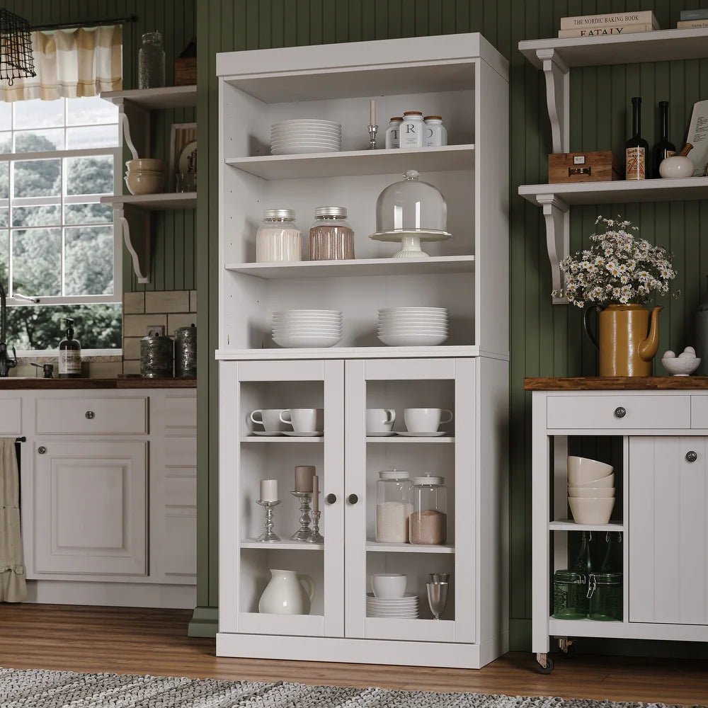 Solid Wood Tall Pantry Cabinet, 32″ W x 71.5″ H – Sage – Clear Glass