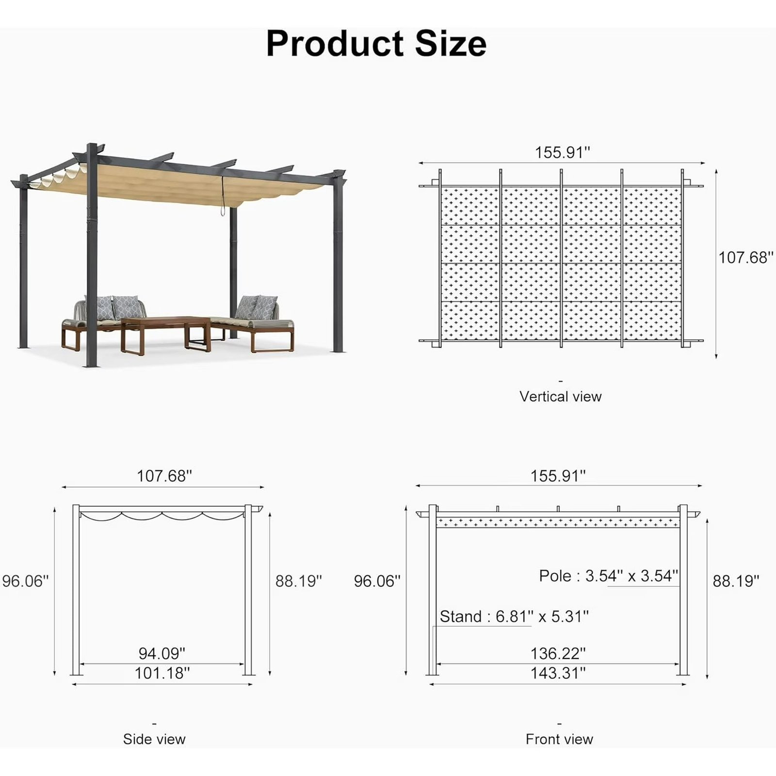 e3a82de8-1d07-4d97-a632-58c35e1fbd52.2fad3ae2a2e89891c9dc10157615e34b.jpg Pergola 9.5′ X 13′ Outdoor Retractable Pergola Against The Wall with Sun Shade Canopy Aluminum Patio Pergola for Porch Garden Yard